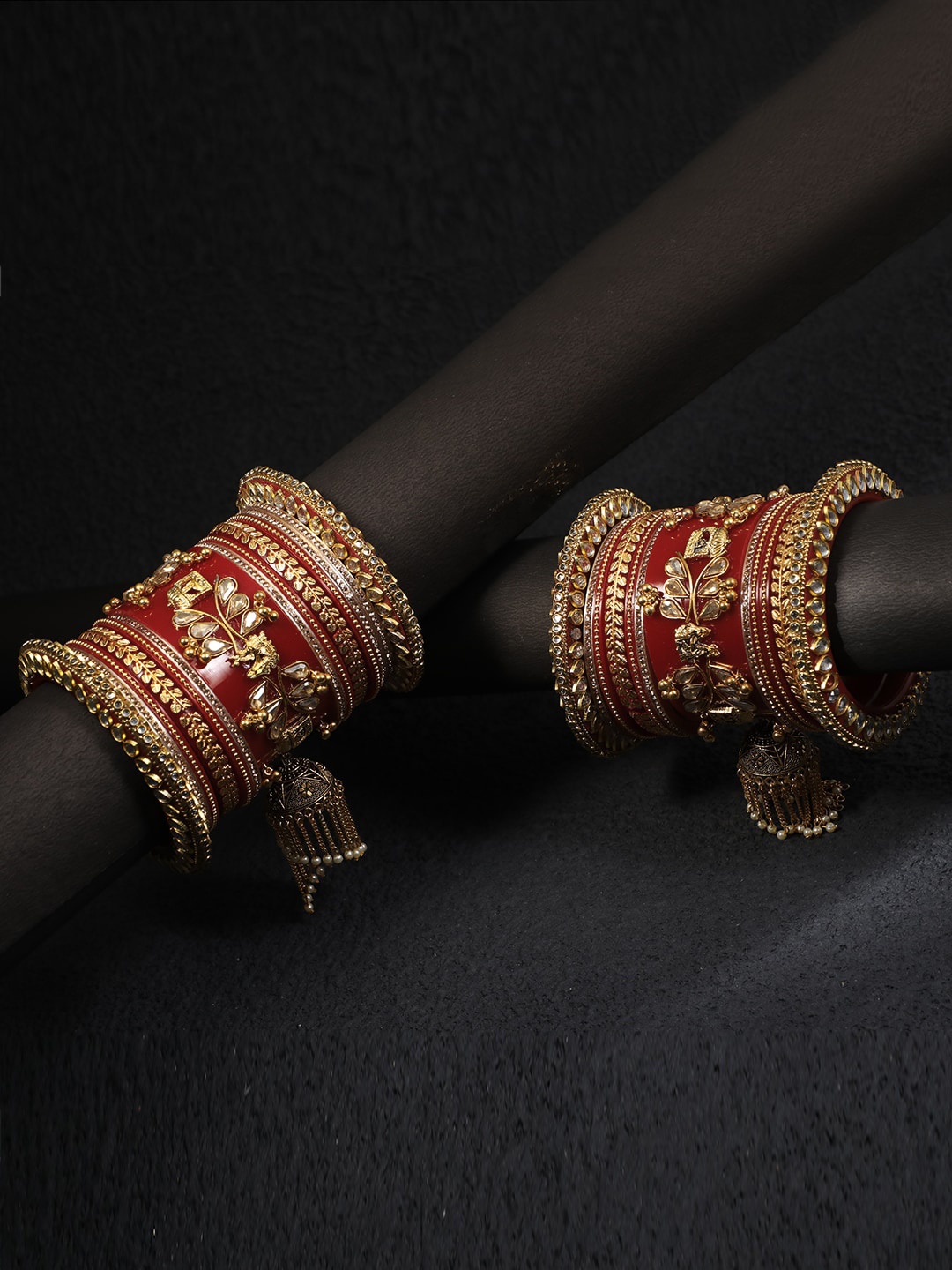 

Adwitiya Collection Set Of 26 Gold-Plated Kundan-Studded Wedding Chuda Bangles, Red