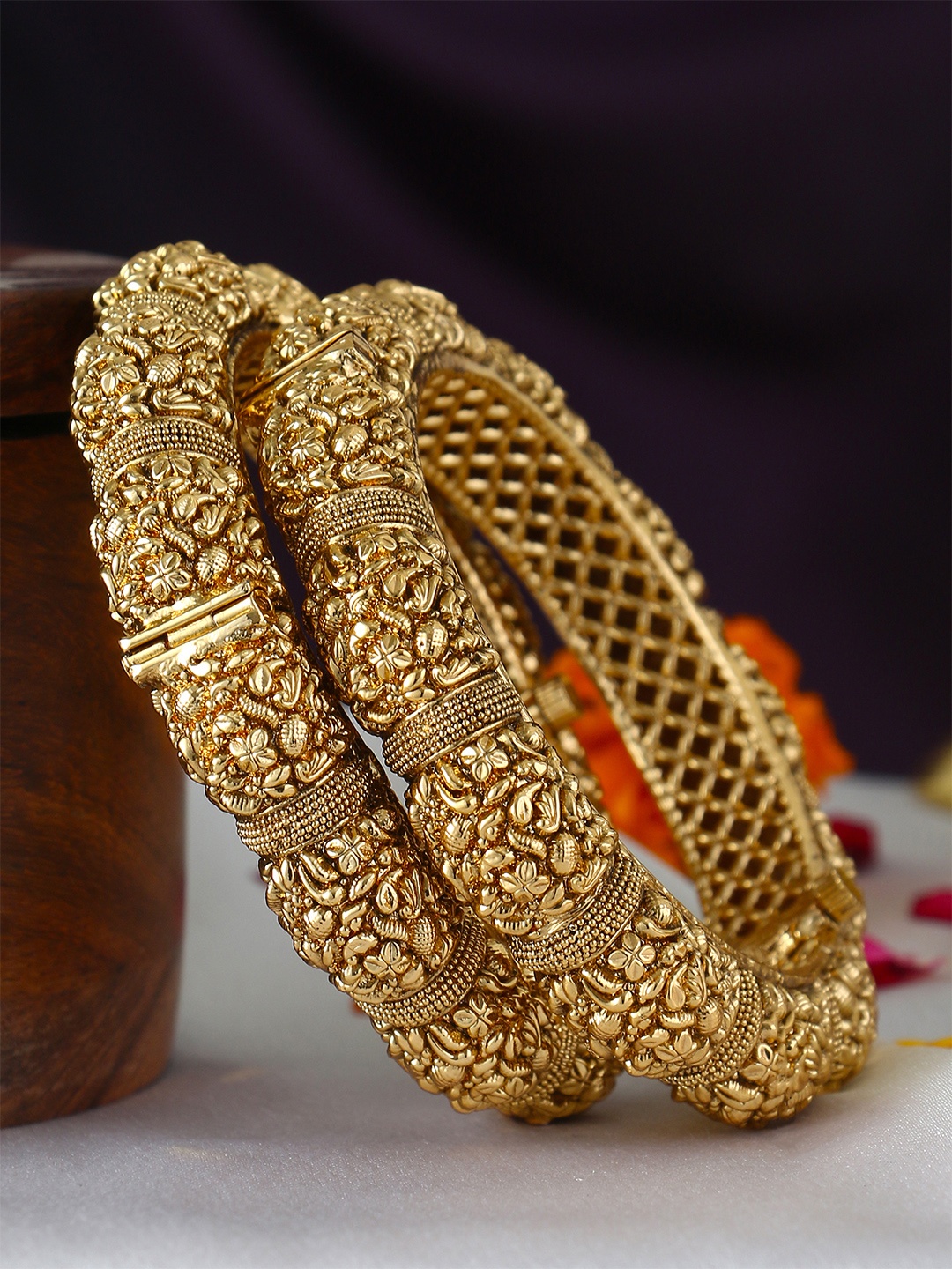 

Adwitiya Collection Set Of 2 24 CT Gold Plated Antique Bangle