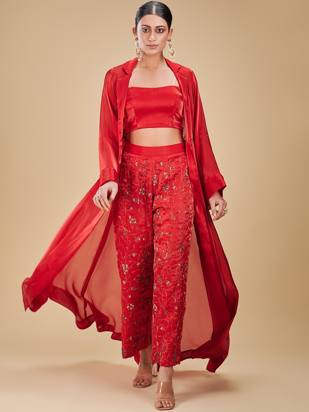 

RIRASA Embroidered Shoulder Straps Top With Trousers & Shrug, Red