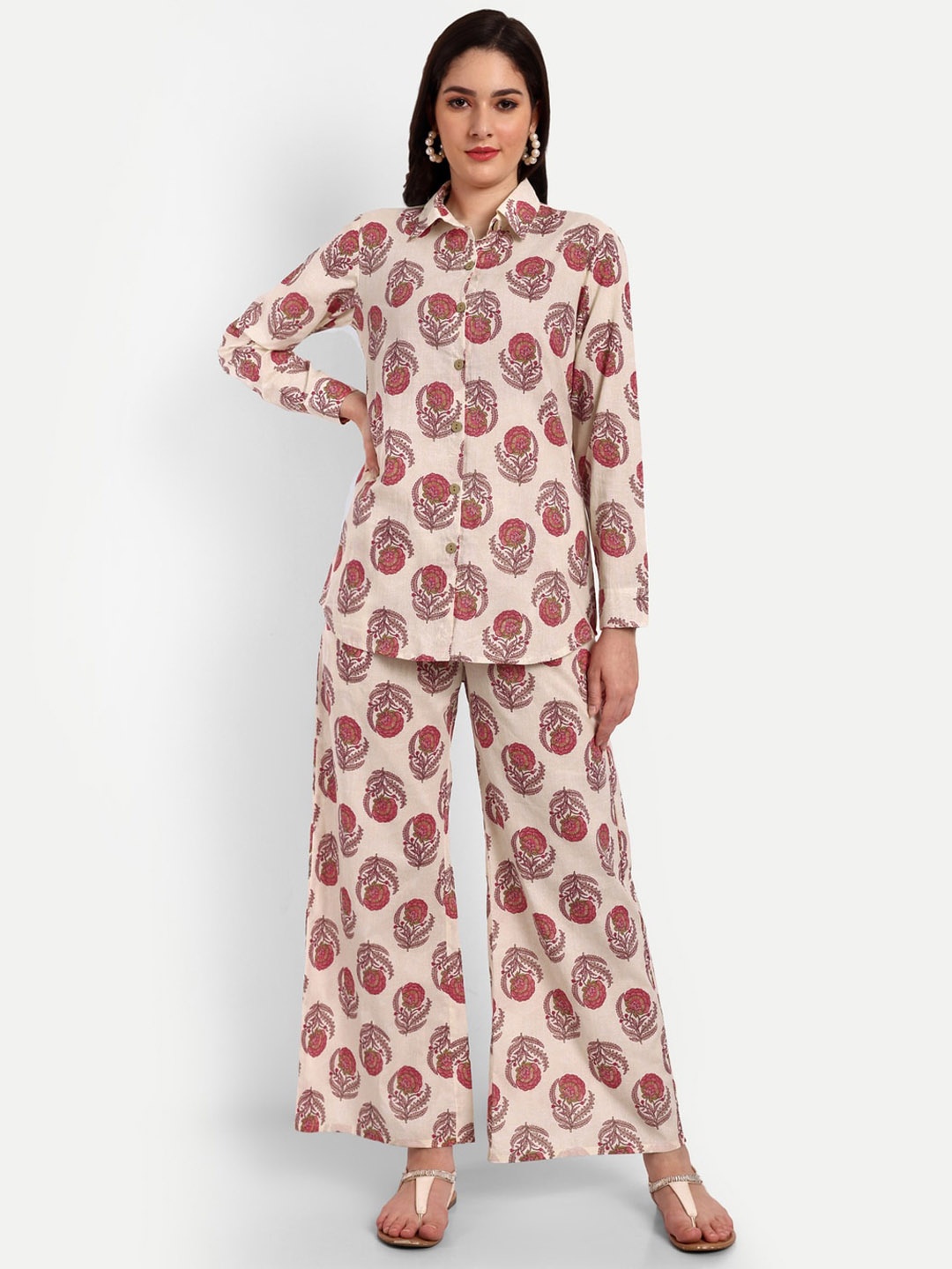 

ROOPWATI FASHION Printed Pure Cotton Shirt & Palazzo Co-Ord Set, Cream