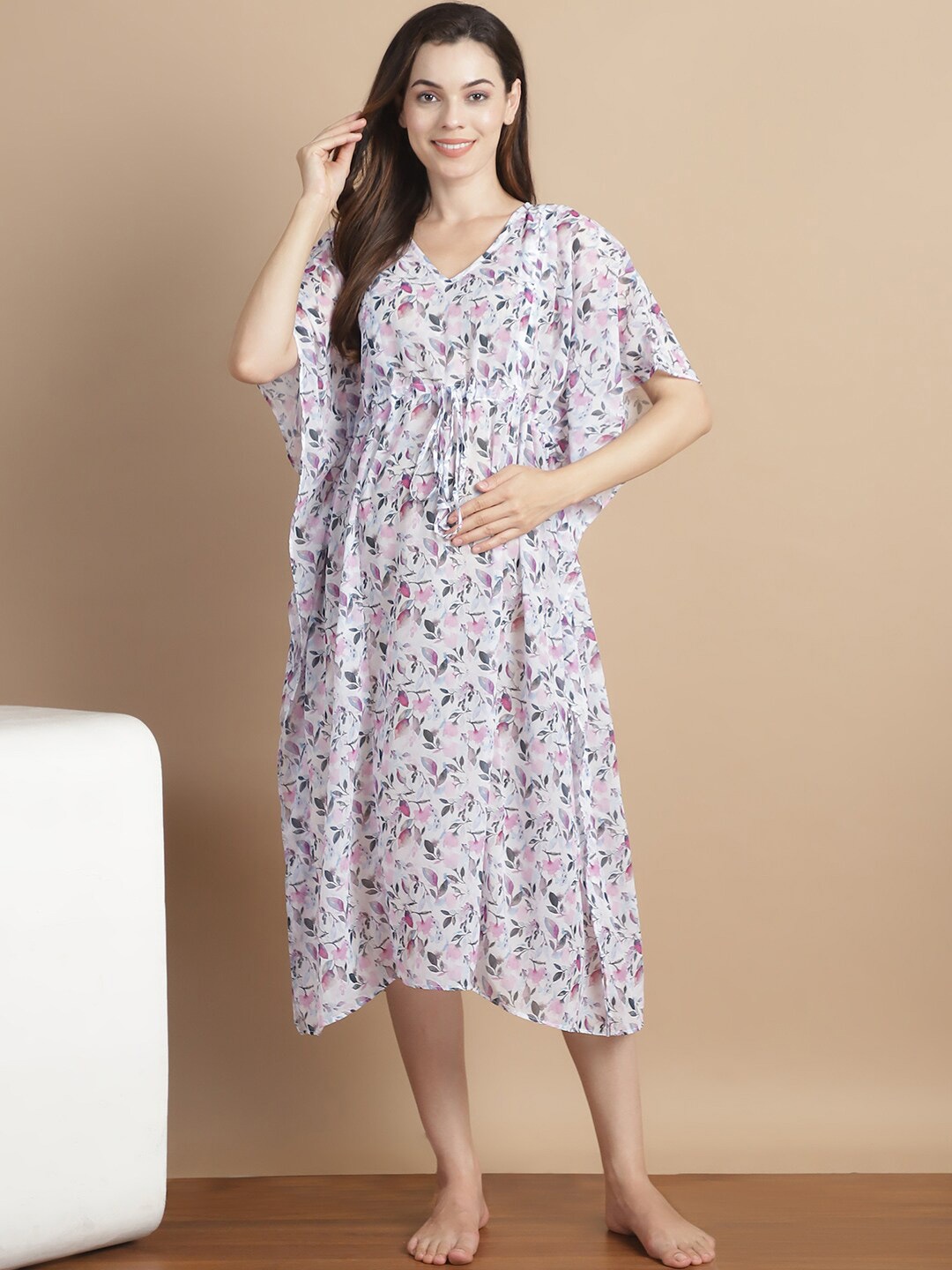 

Secret Wish Floral Printed Georgette Maternity Swimwear Cover Up Top, White