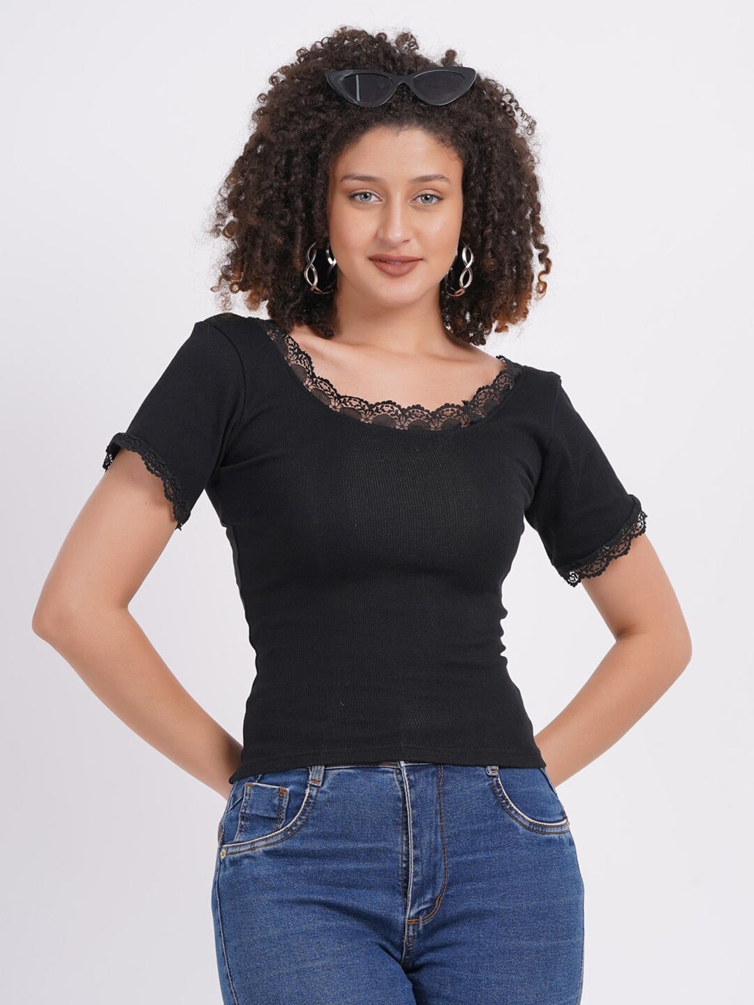 

SIGHTBOMB Scoop Neck Short Sleeves Cotton Top, Black