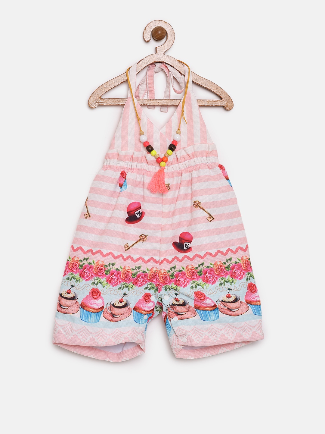 

Little Kangaroos Girls Peach-Coloured & White Printed Playsuit