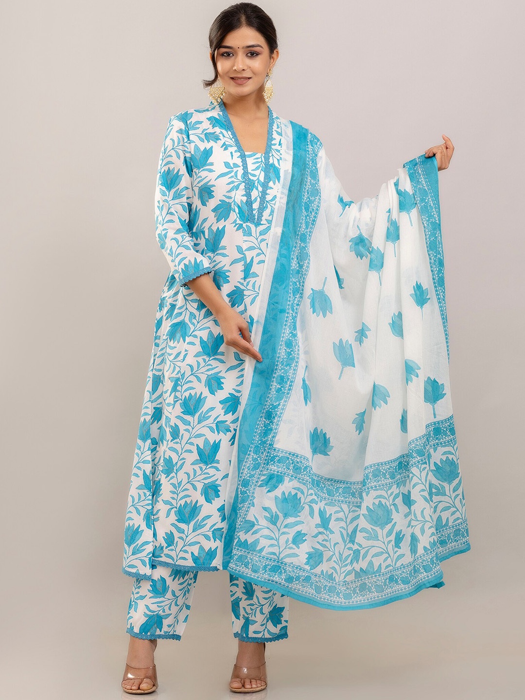PARTHVI Floral Printed Anarkali Kurta With Trousers & Dupatta, Blue