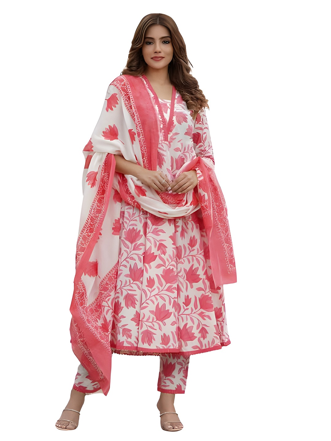 

PARTHVI Floral Printed Anarkali Kurta & Palazzos With Dupatta, Pink