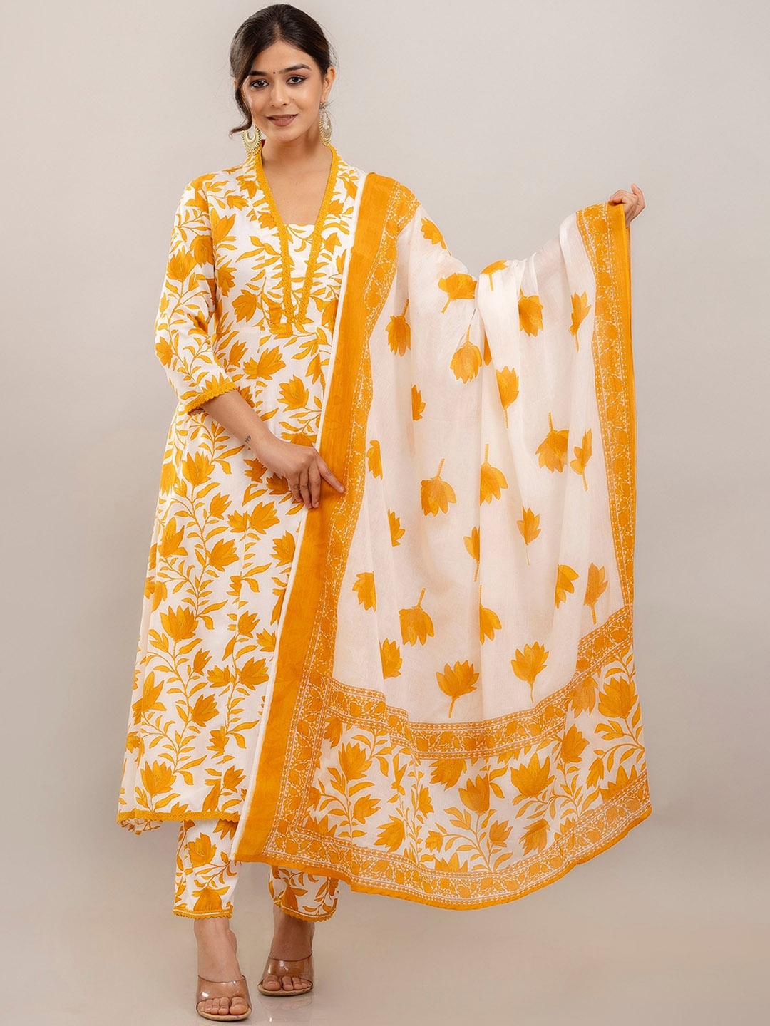 

PARTHVI Floral Printed Anarkali Kurta With Trousers & Dupatta, Mustard