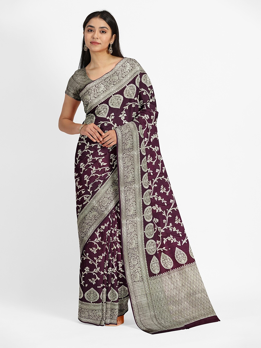 

Muskan Fashion Ethnic Motifs Zari Pure Georgette Banarasi Saree, Purple