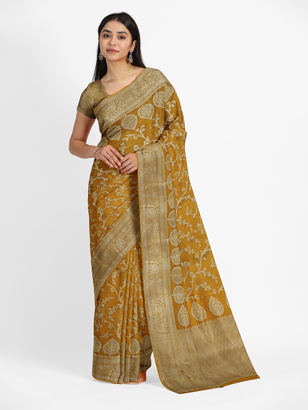 

Muskan Fashion Floral Woven Design Zari Pure Georgette Banarasi Saree, Mustard