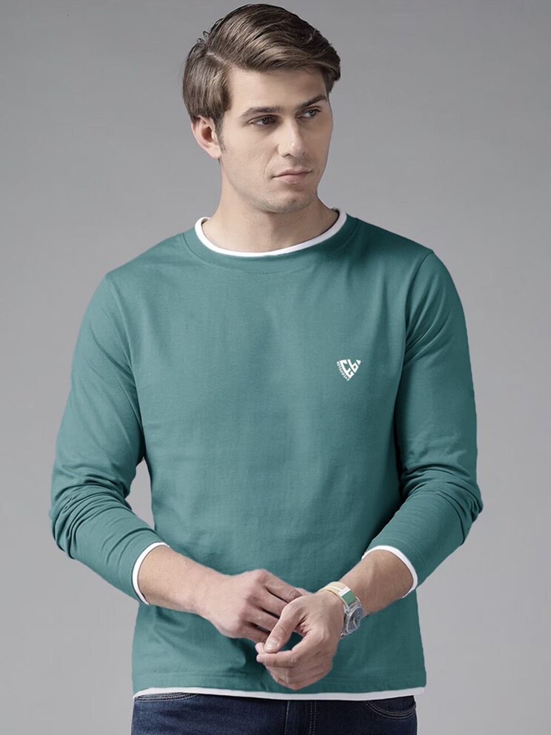

Eyebogler Long Sleeves Round Neck Cotton T-Shirt, Green