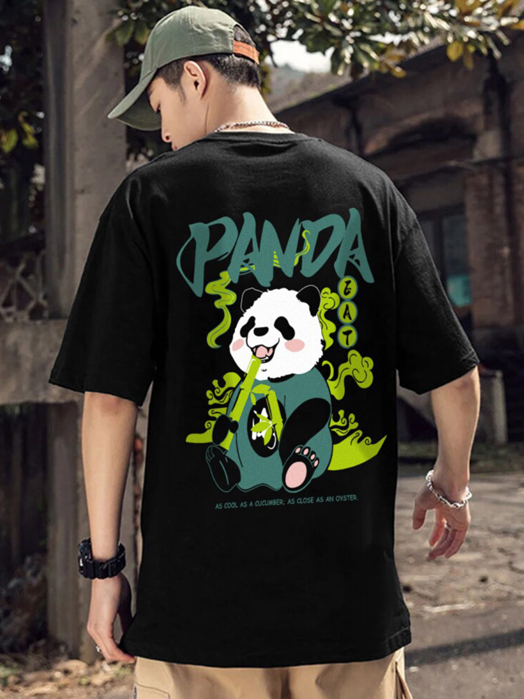 

Eyebogler Panda Printed Drop-Shoulder Sleeves Oversized T-shirt, Black
