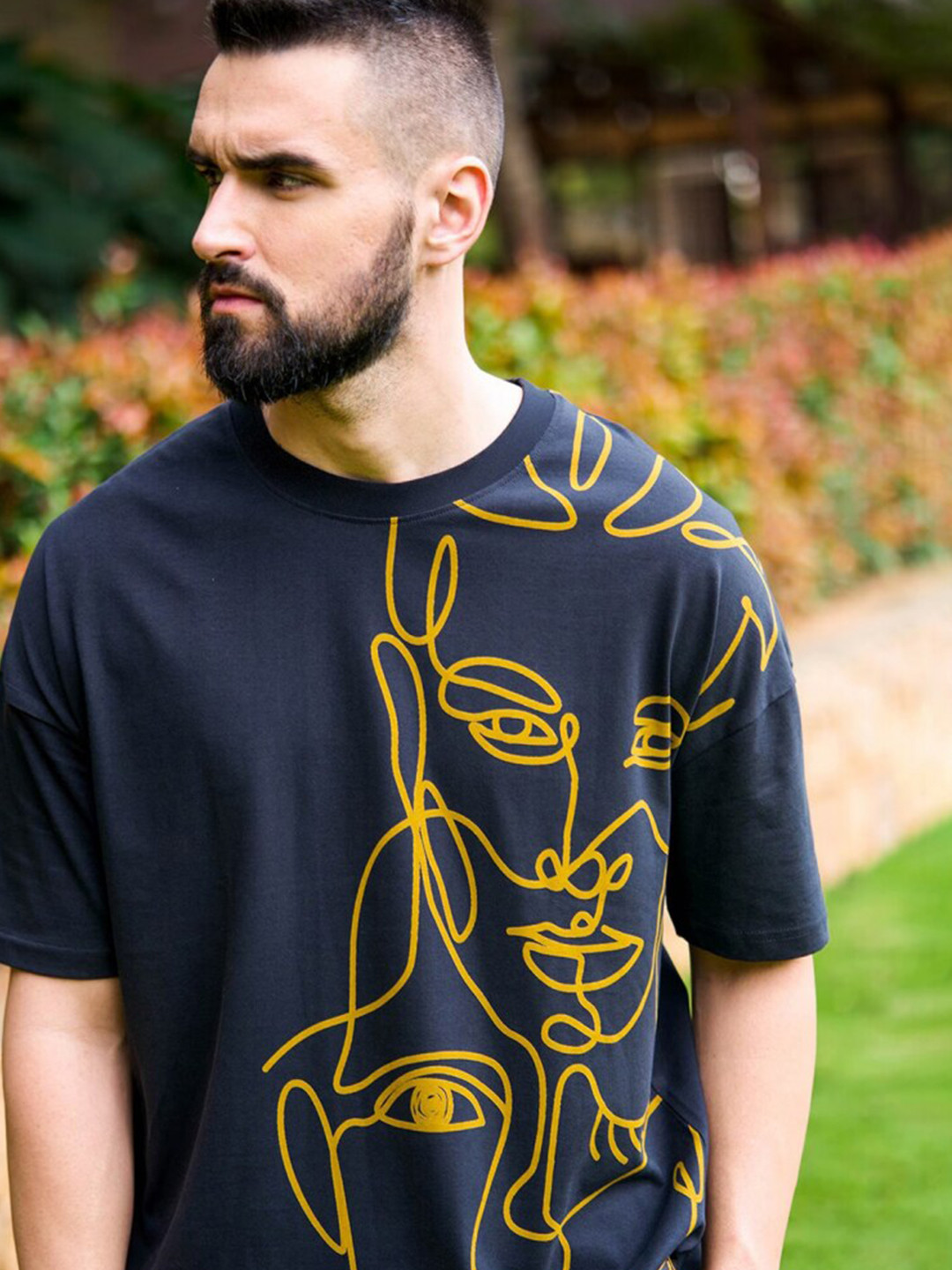 

Eyebogler Graphic Printed Drop-Shoulder Sleeves Oversized T-shirt, Navy blue
