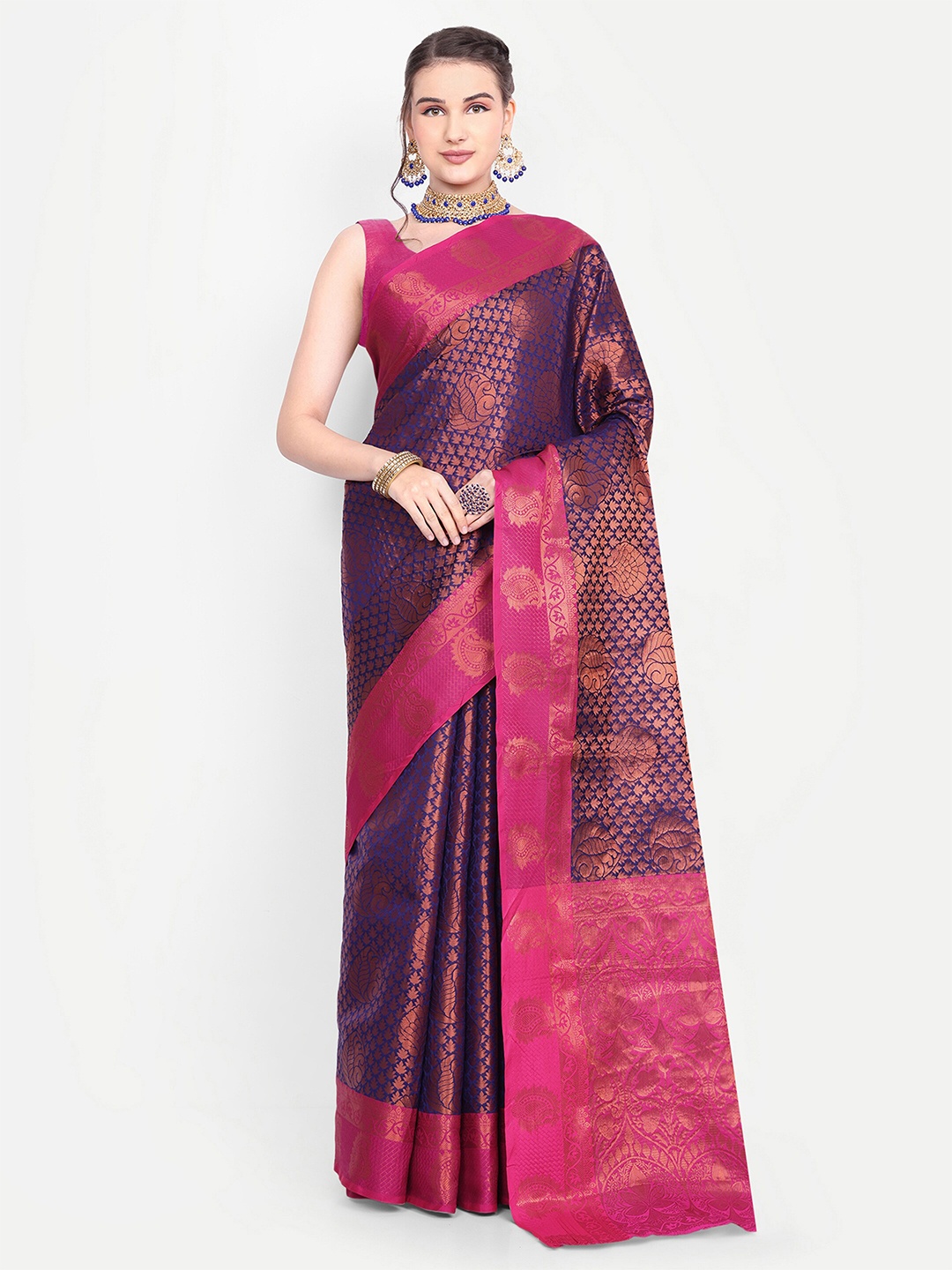 

AKSH FASHION Ethnic Motifs Woven Design Zari Art Silk Banarasi Saree, Navy blue
