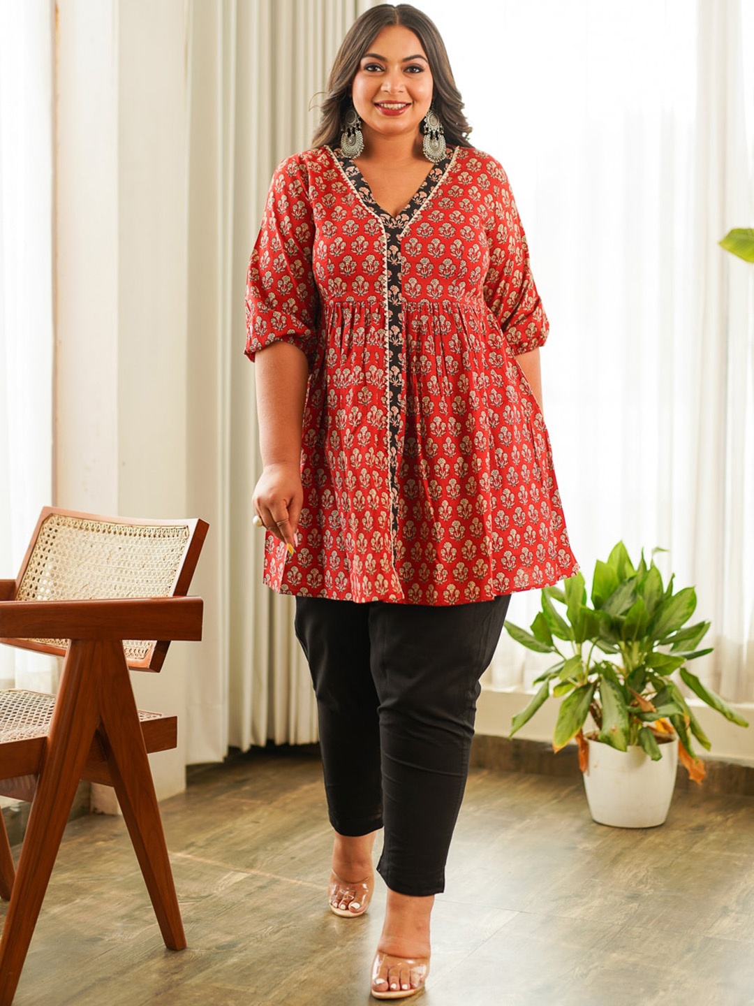 NANGALIA RUCHIRA Plus Size Printed Pure Cotton Kurta Set, Red