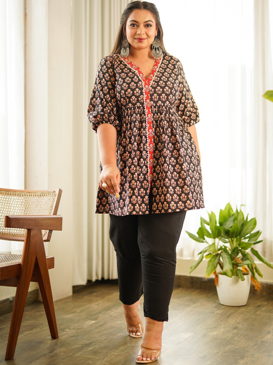 

NANGALIA RUCHIRA PLus Size Printed Pure Cotton Peplum Top With Trouser Co-Ords, Black