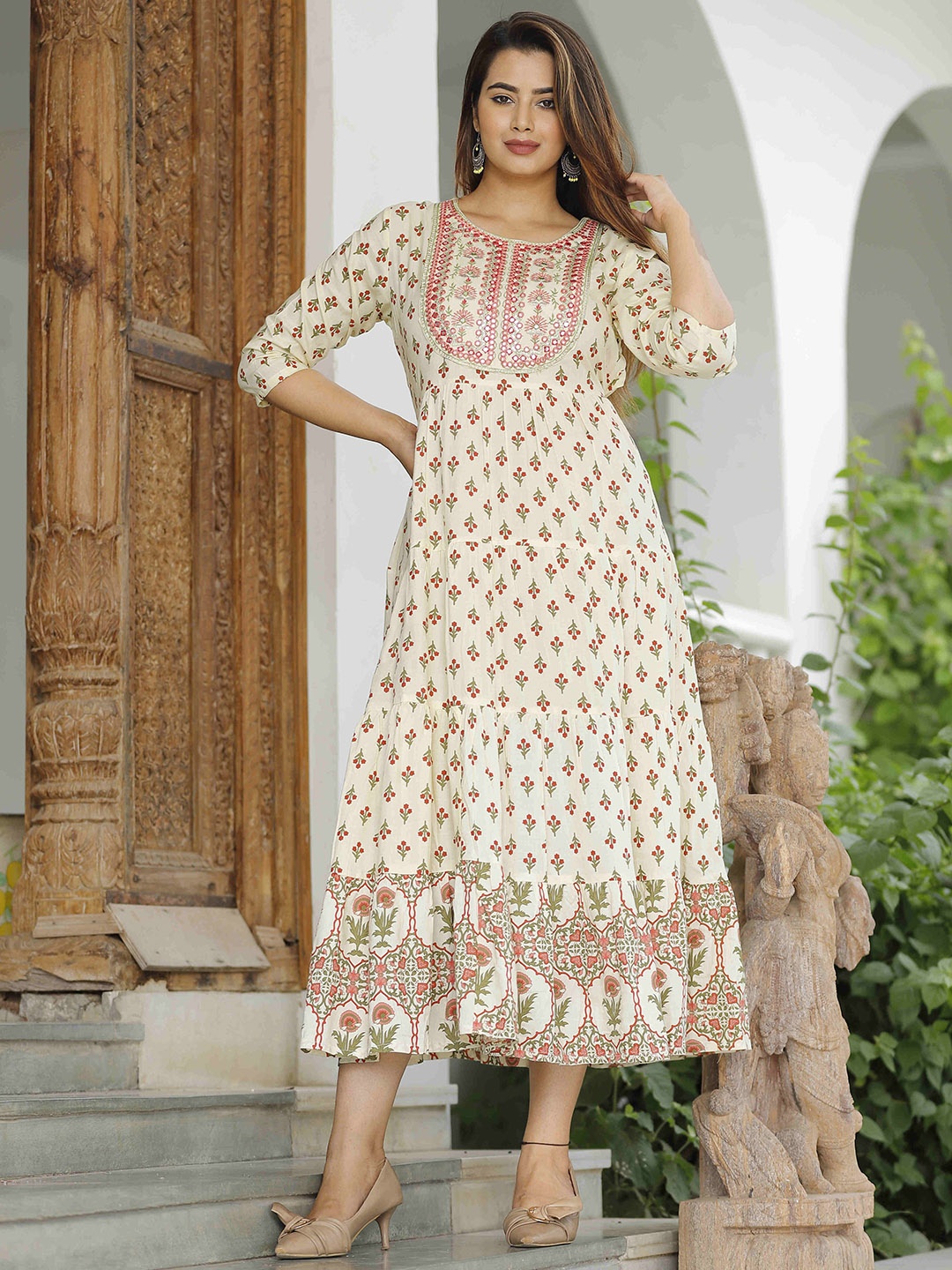 

KALINI Floral Printed Thread Work A-Line Kurta, Off white