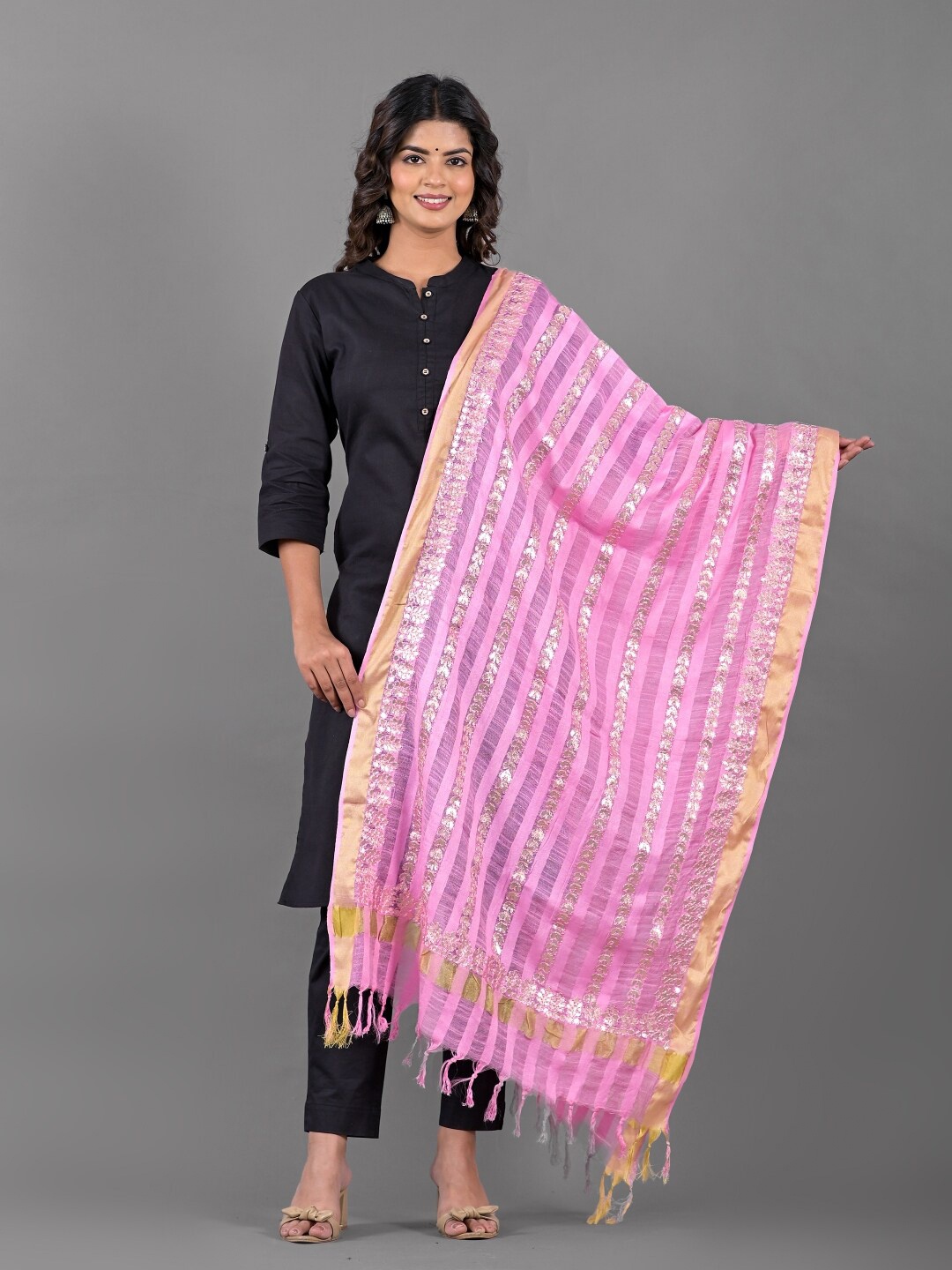 

Apratim Striped Gotta Patti Cotton Dupatta, Pink