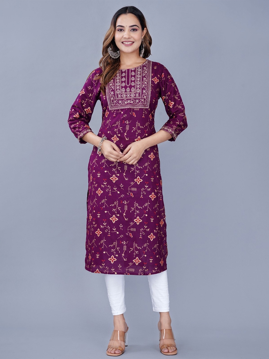 

SK2 Fashion Floral Printed Thread Work Straight Kurta, Purple