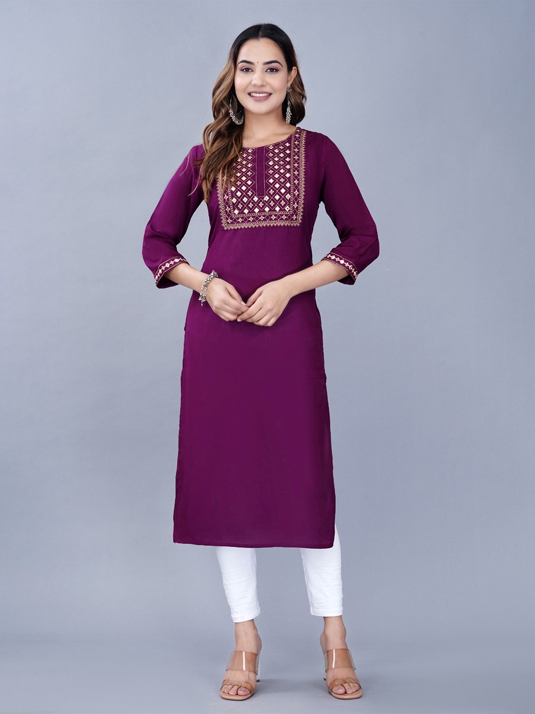 

SK2 Fashion Women Floral Yoke Design Thread Work Straight Kurta, Purple