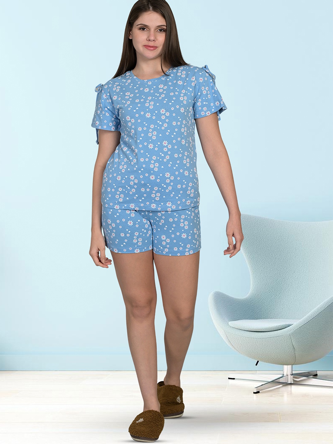 

MAYSIXTY Floral Printed Pure Cotton Top With Shorts, Blue