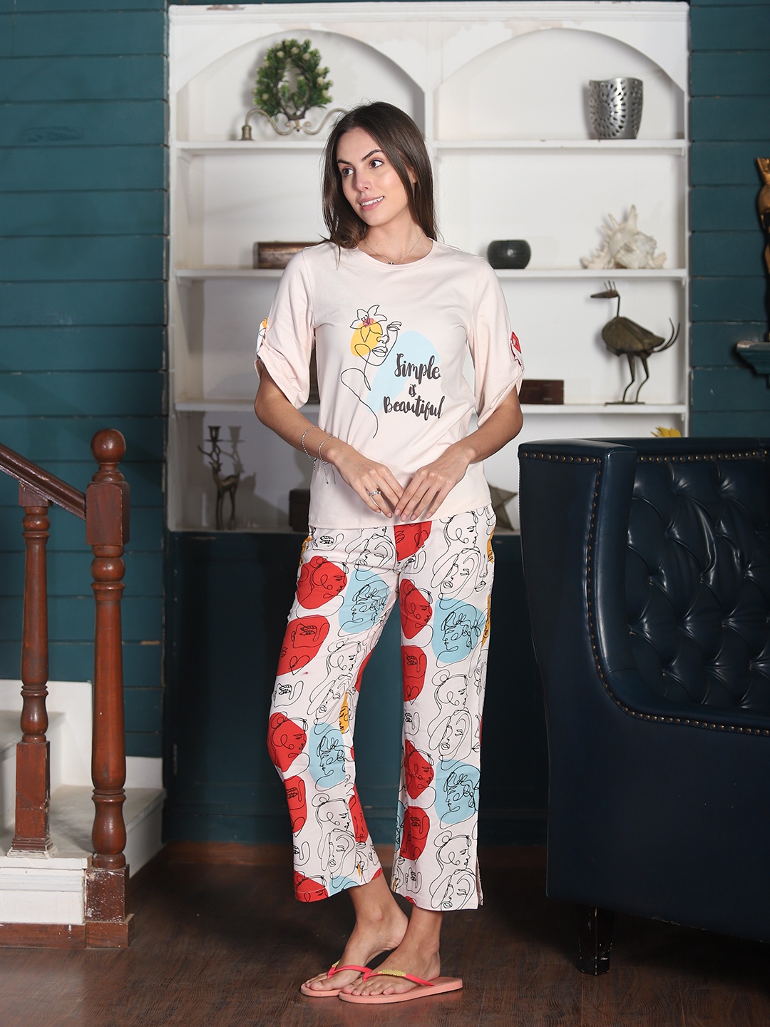 

MAYSIXTY Graphic Printed Pure Cotton T-shirt With Pyjamas, Pink