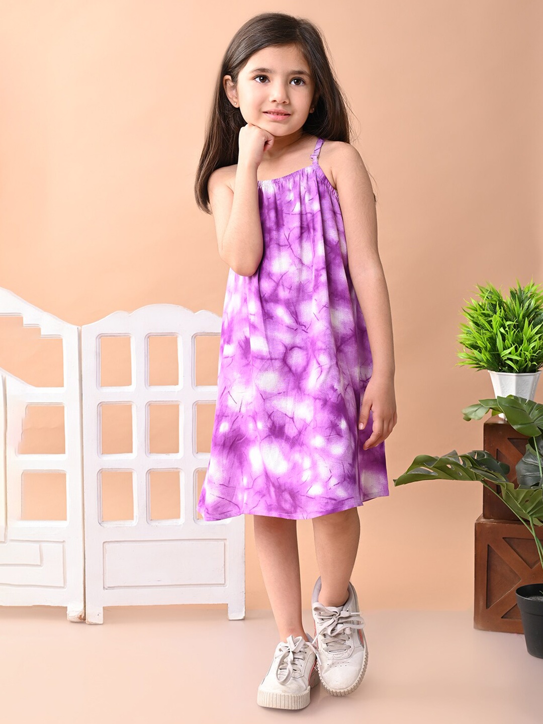 

Superminis Girls Tie and Dye Printed Shoulder Straps A-Line Dress, Purple