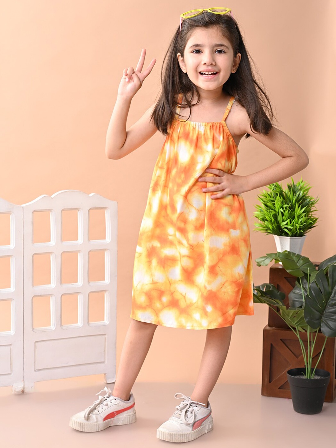 Superminis Girls Tie and Dye Printed Shoulder Straps A-Line Holi Dress, Orange