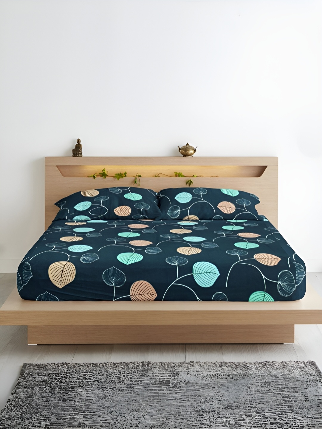 

Aurave Navy Blue Floral Microfiber 210 TC Fitted Queen Bedsheet With 2 Pillow Covers