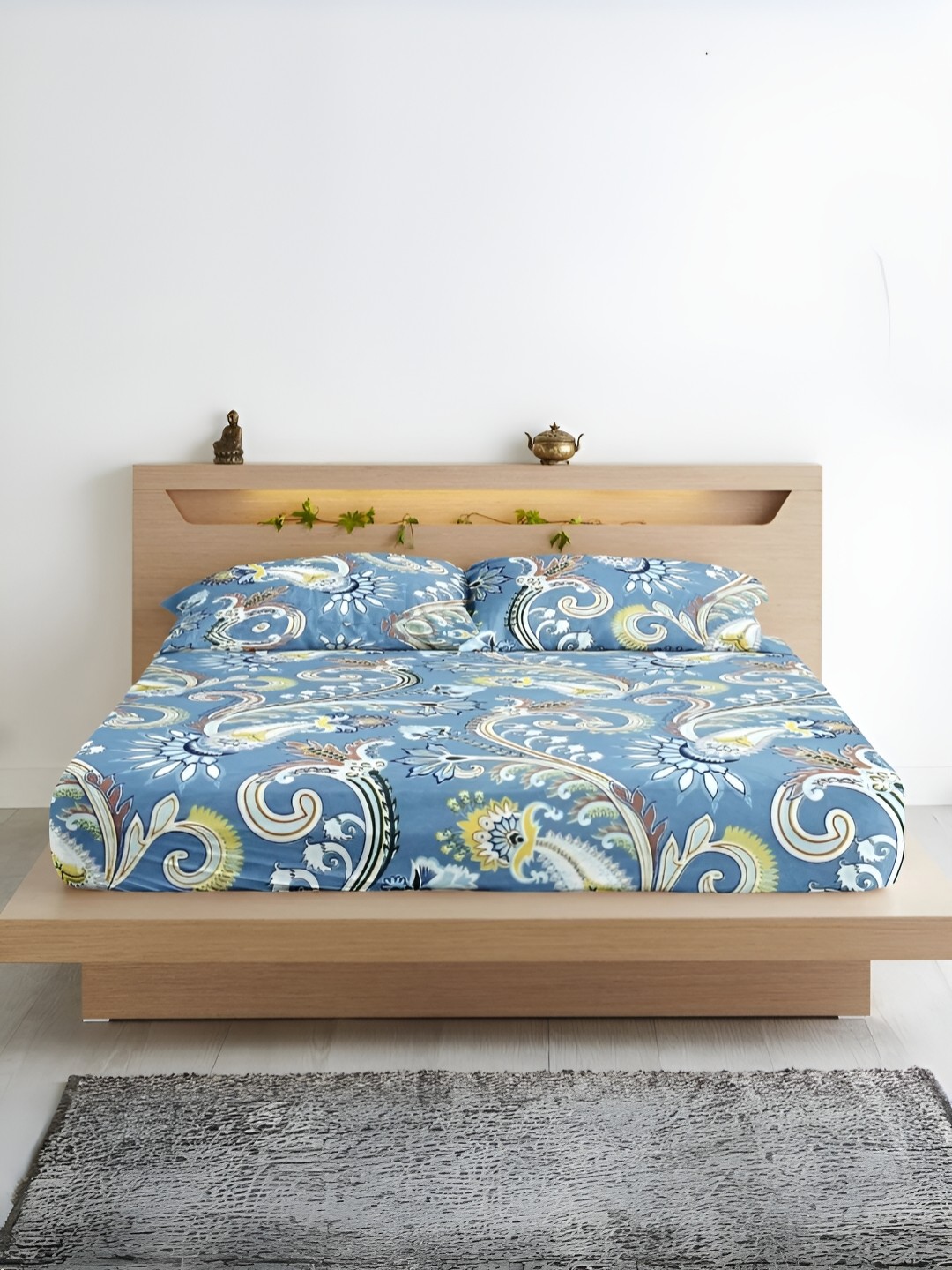 

Aurave Blue Ethnic Motifs Microfiber 210 TC Fitted Queen Bedsheet With 2 Pillow Covers