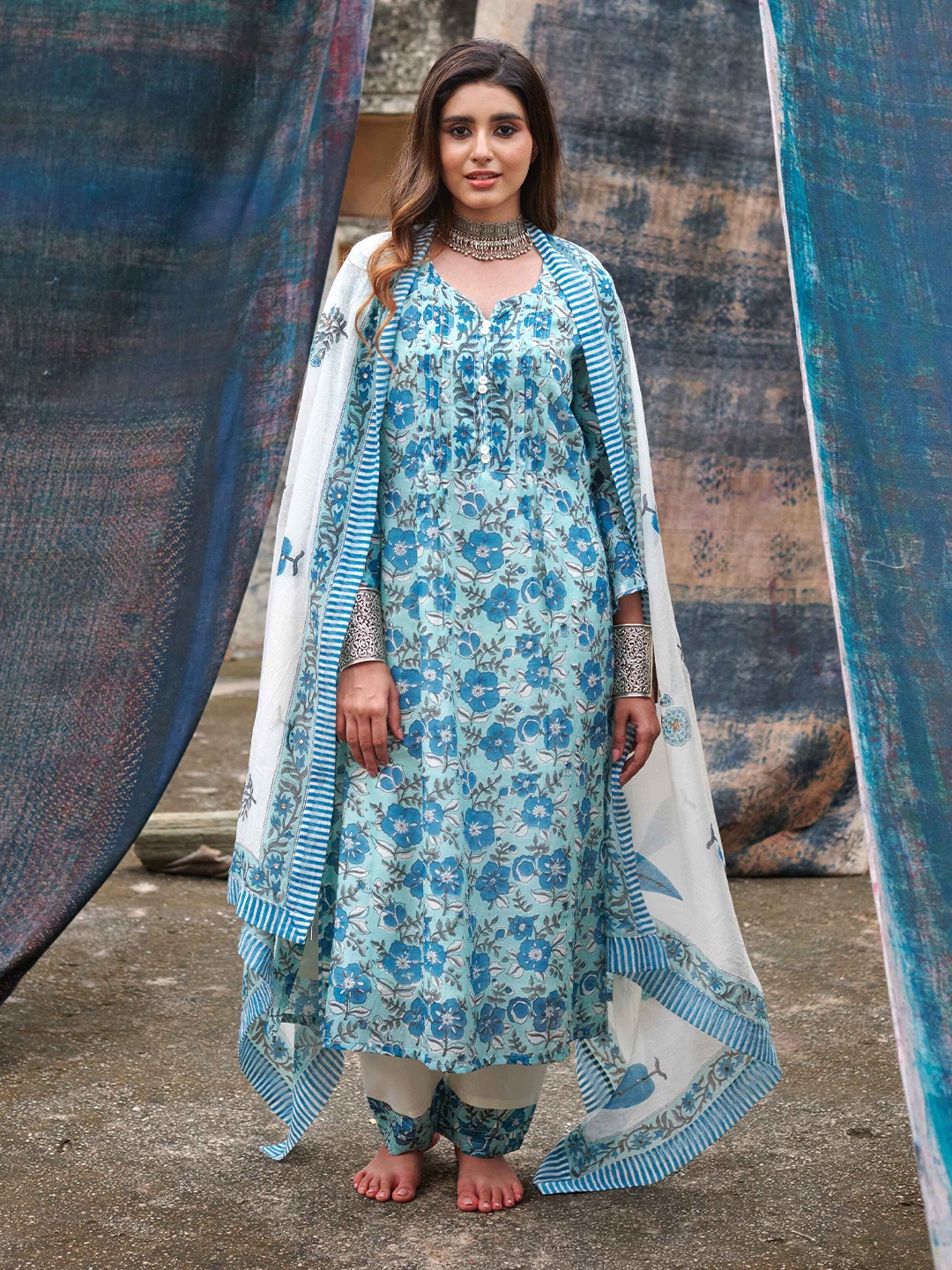 

KARAJ JAIPUR Floral Printed Chanderi Silk Kurta with Trousers & Dupatta, Blue