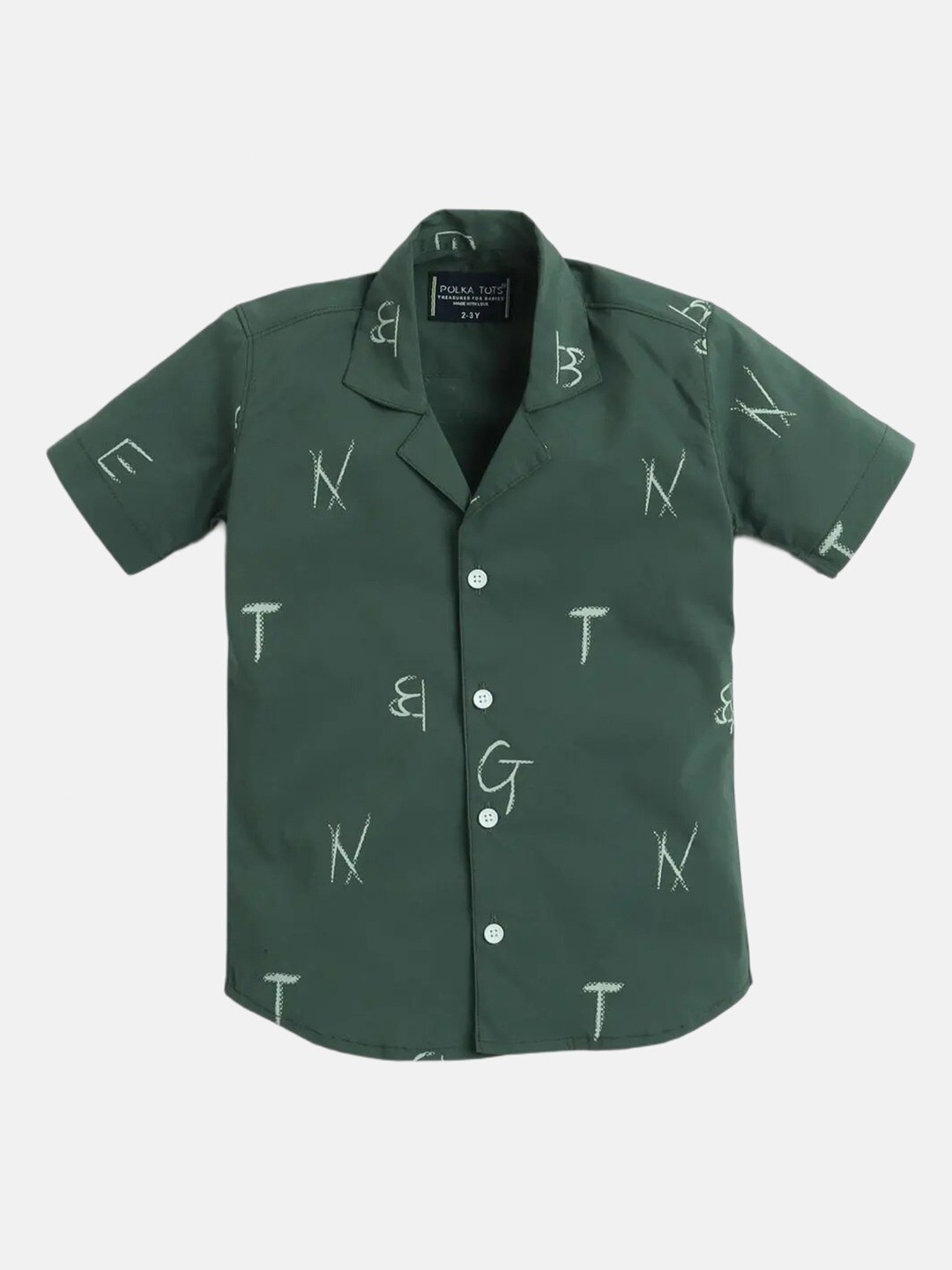 

Polka Tots Boys Typography Printed Cuban Collar Cotton Casual Shirt, Green