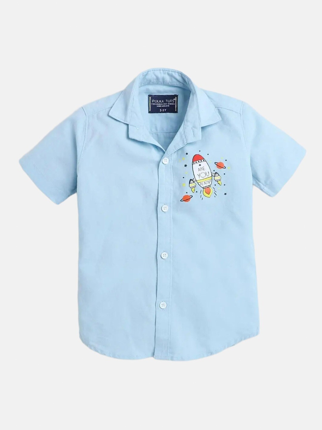 

Polka Tots Boys Graphic Printed Cuban Collar Cotton Casual Shirt, Blue