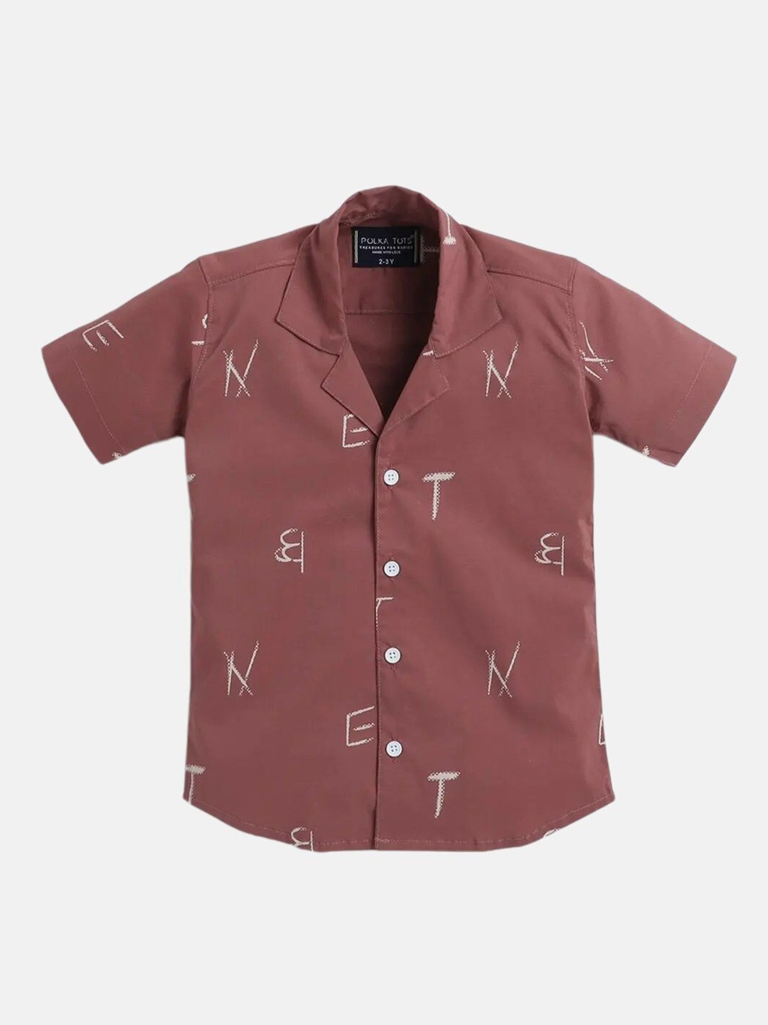 

Polka Tots Boys Typography Printed Cuban Collar Cotton Casual Shirt, Brown