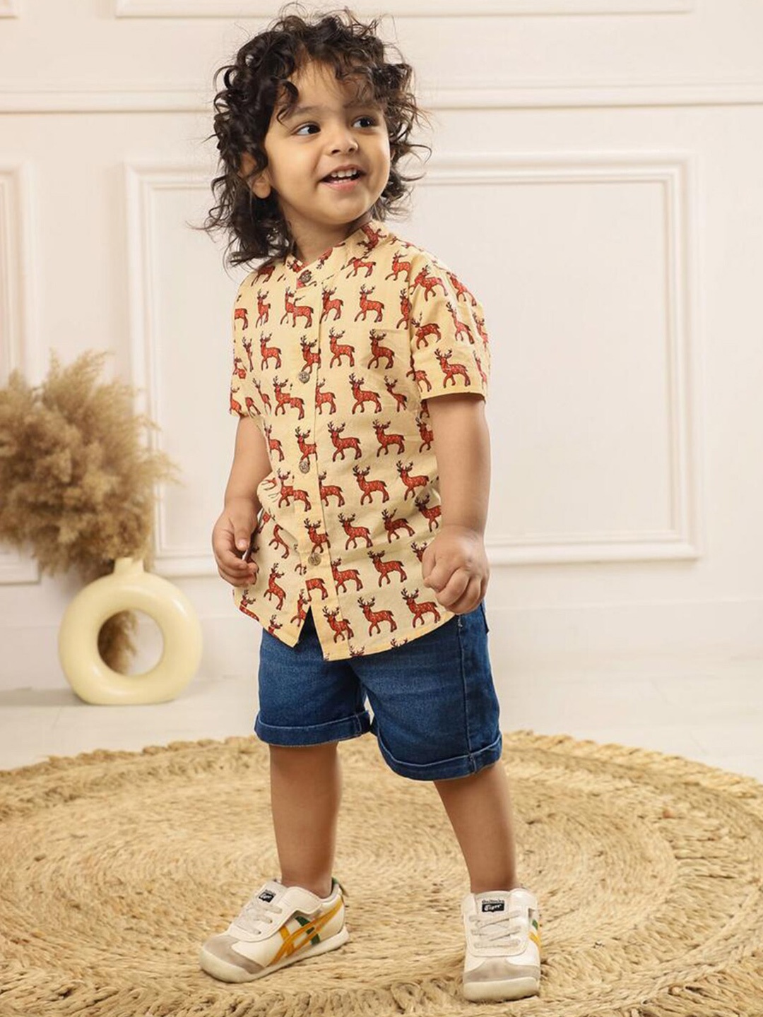 

Polka Tots Boys Conversational Printed Cotton Casual Shirt, Beige