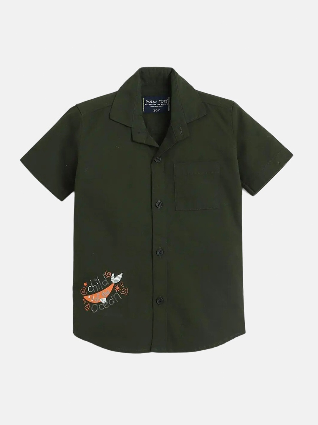 

Polka Tots Boys Cuban Collar Cotton Casual Shirt, Green