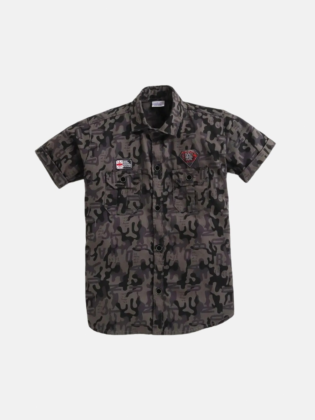 Polka Tots Boys Camouflage Printed Cotton Casual Shirt, Grey