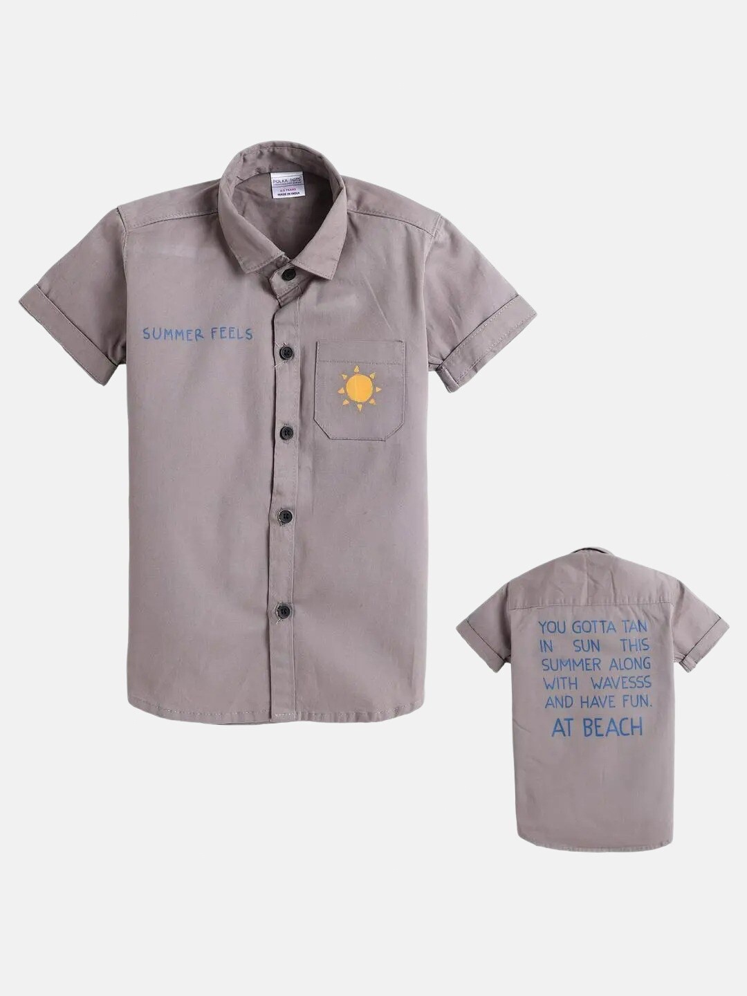 Polka Tots Boys Typography Printed Cotton Casual Shirt, Grey