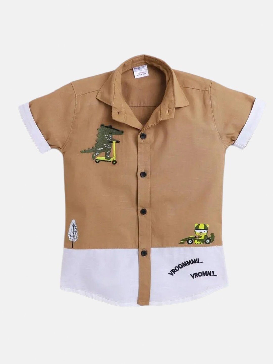 

Polka Tots Boys Graphic Printed Cotton Casual Shirt, Beige