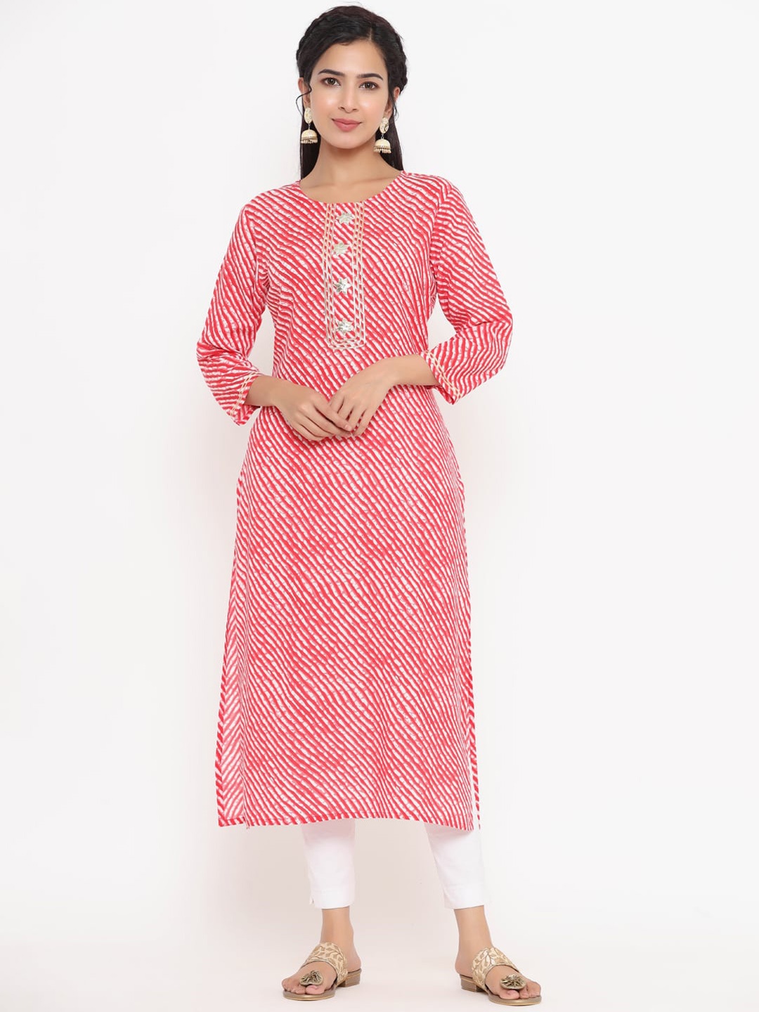 

KALINI Leheriya Printed Chikankari Straight Kurta, Red