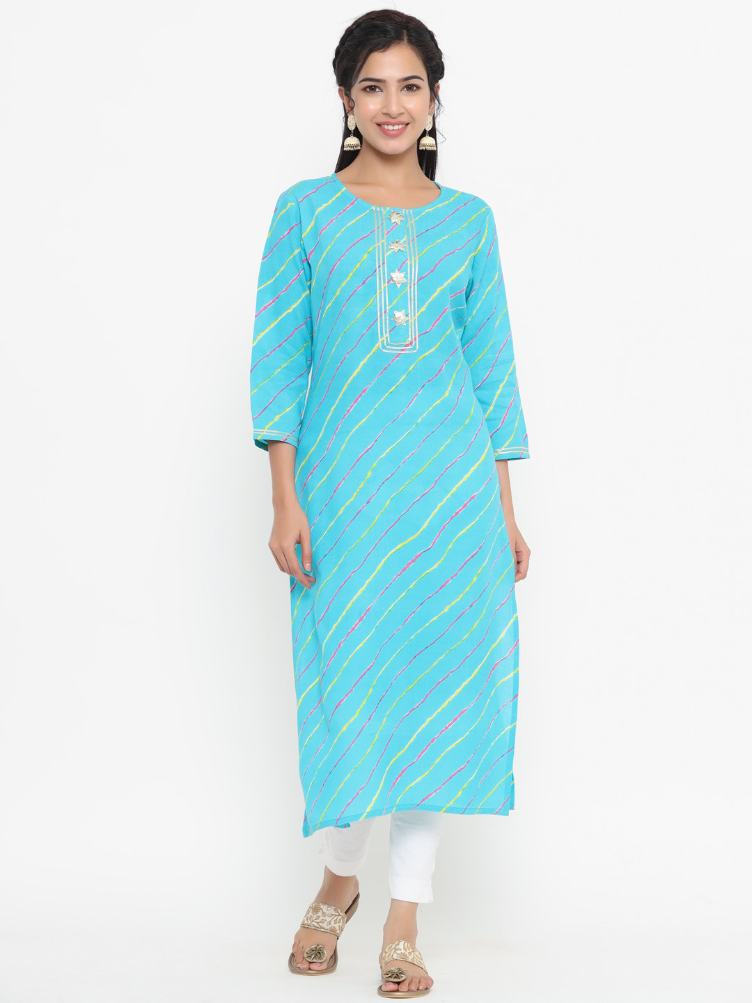 

KALINI Leheriya Printed Beads and Stones Straight Kurta, Blue