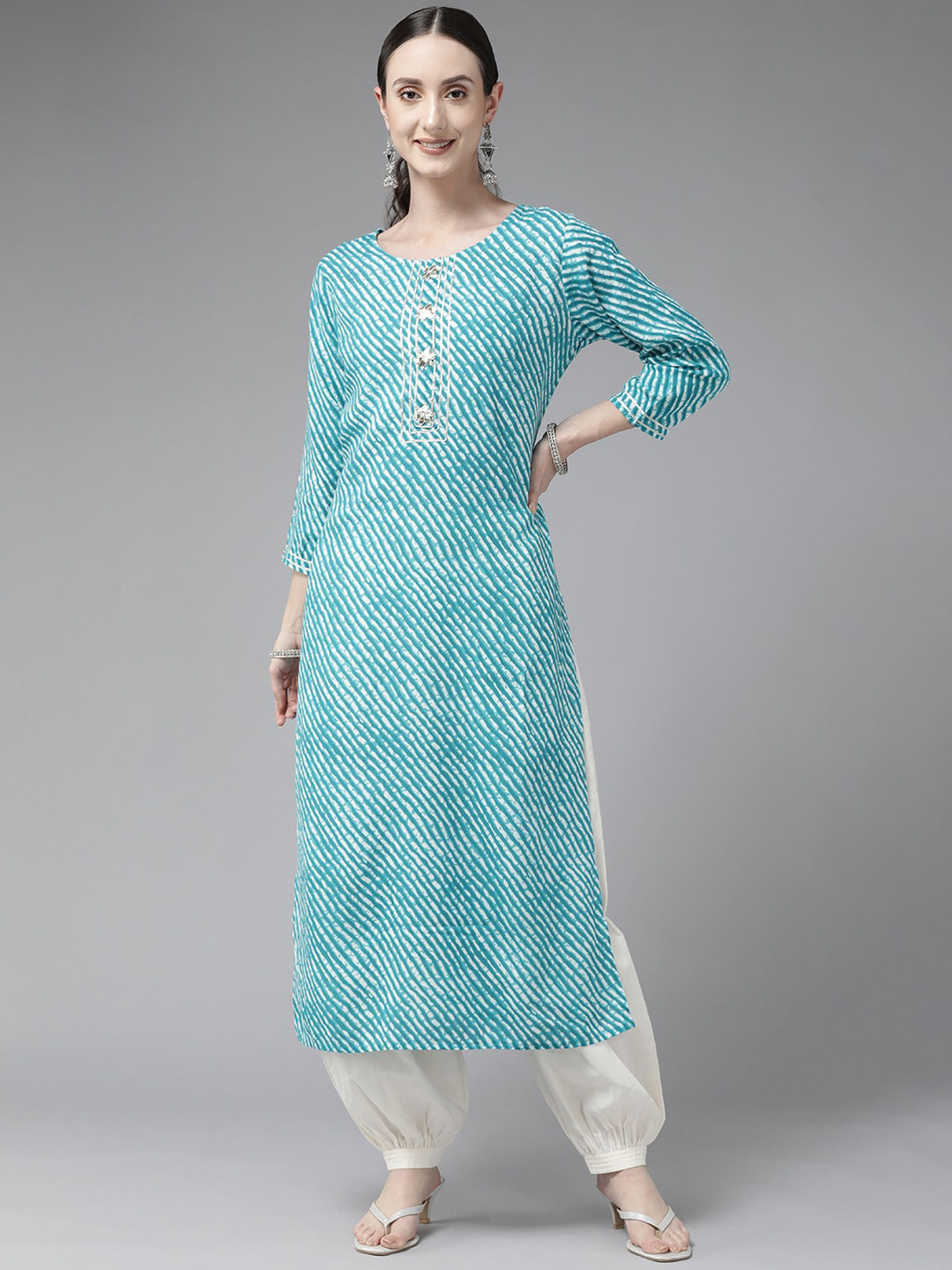 

KALINI Leheriya Printed Three-Quarter Sleeves Straight Kurta, Blue
