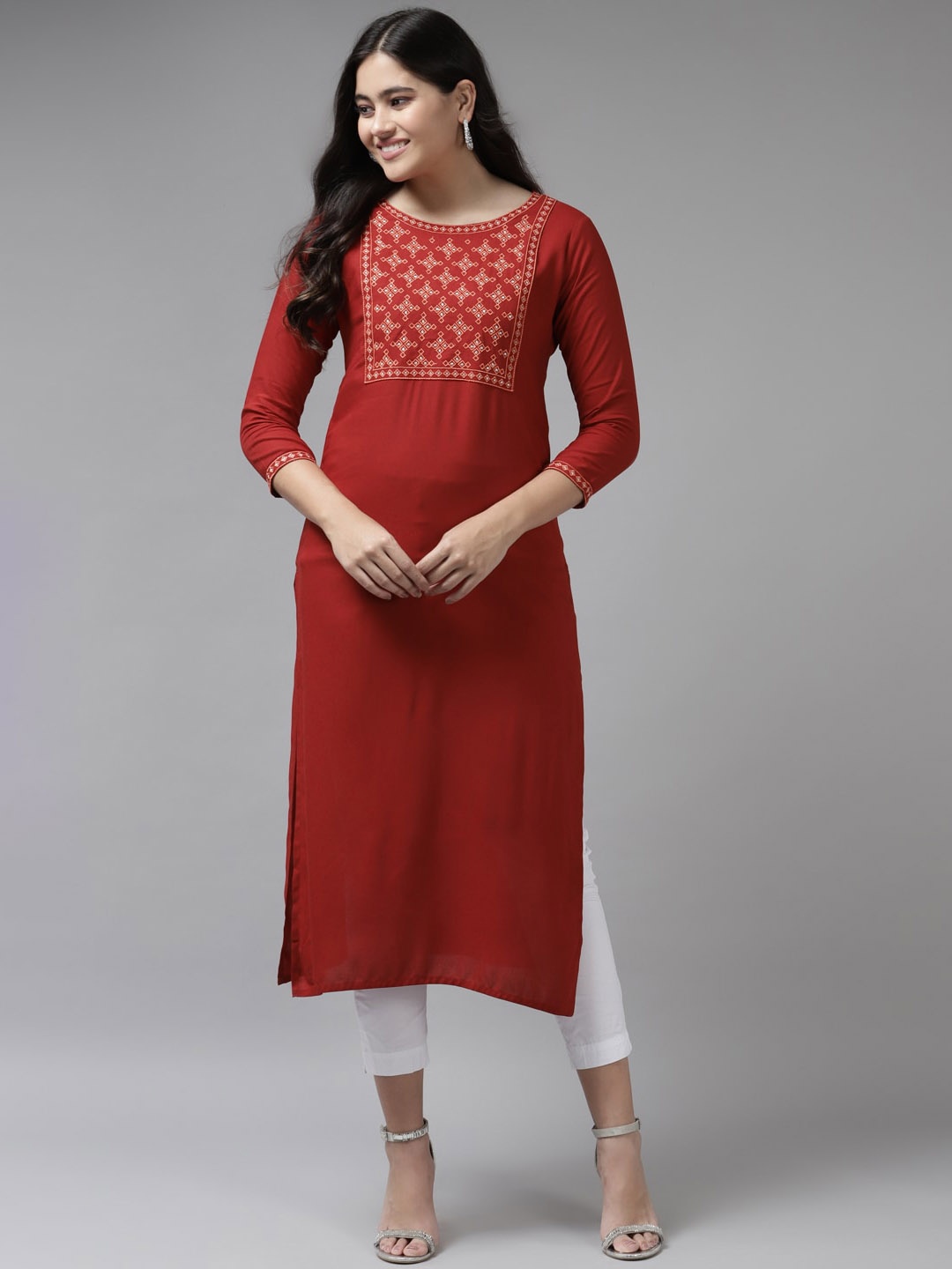 

KALINI Round Neck Geometric Yoke Design Thread Work Straight Kurta, Red