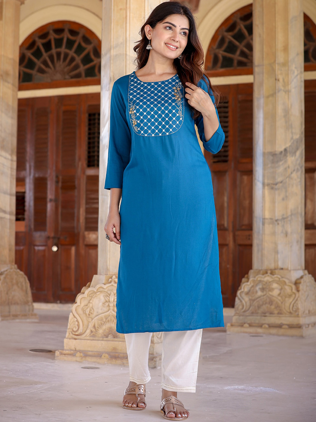 

KALINI Round Neck embroidery Mirror Work A-Line Kurta, Teal