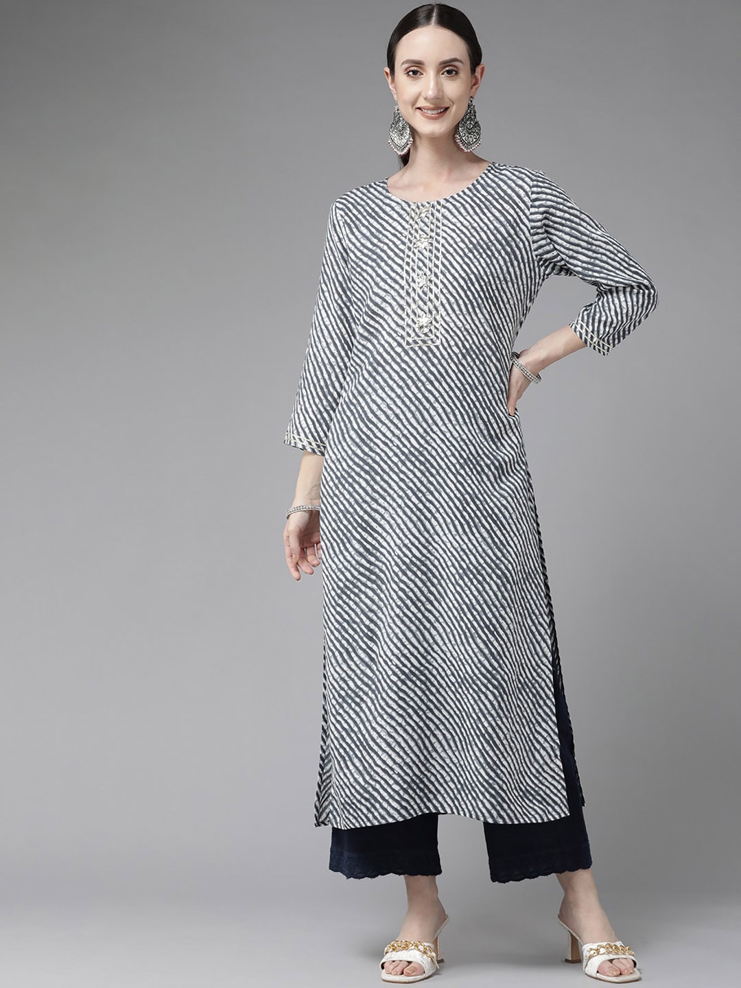 KALINI Women Geometric Printed Thread Work A-Line Kurta, Grey