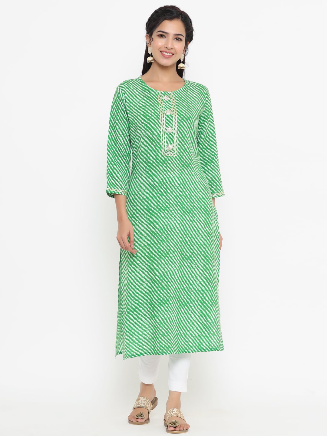 KALINI Leheriya Printed Round Neck Beads and Stones Straight Kurta, Green