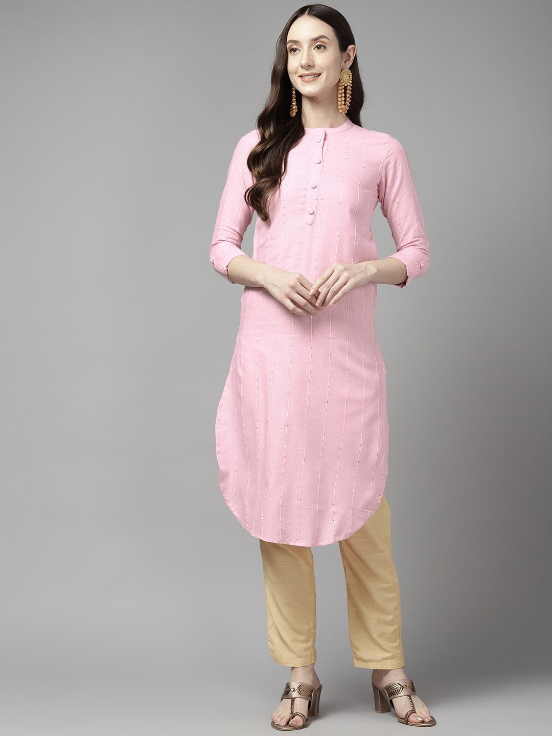 

KALINI Mandarin Striped Sequins Work Cotton Straight Kurta, Pink