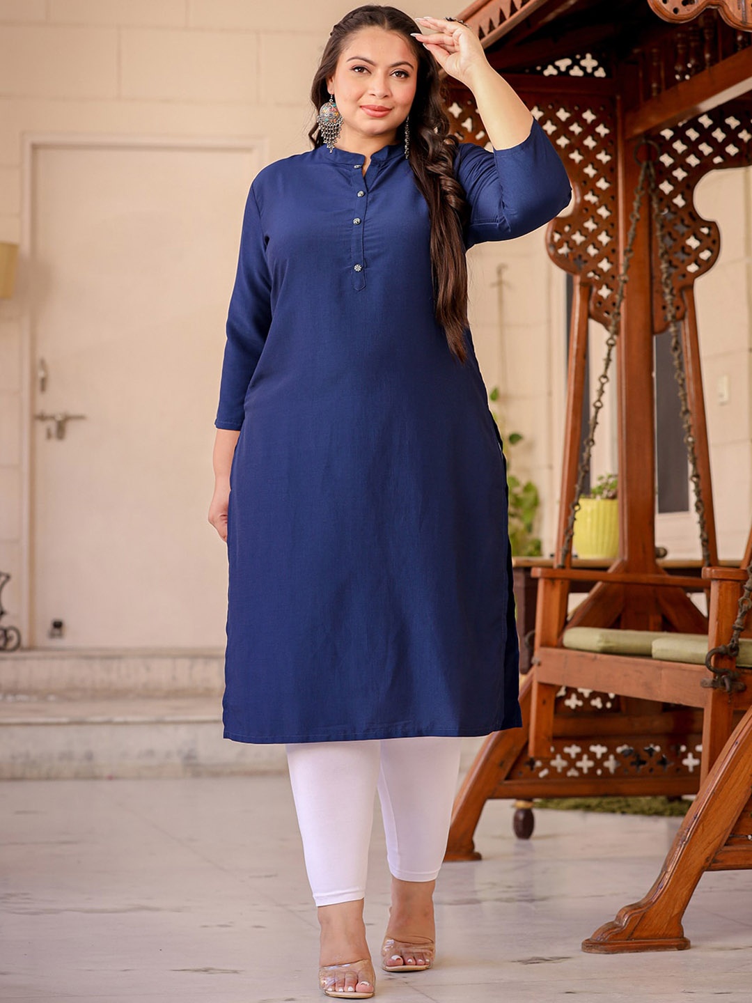 

KALINI Mandarin Collar A Line Zari Kurta, Blue