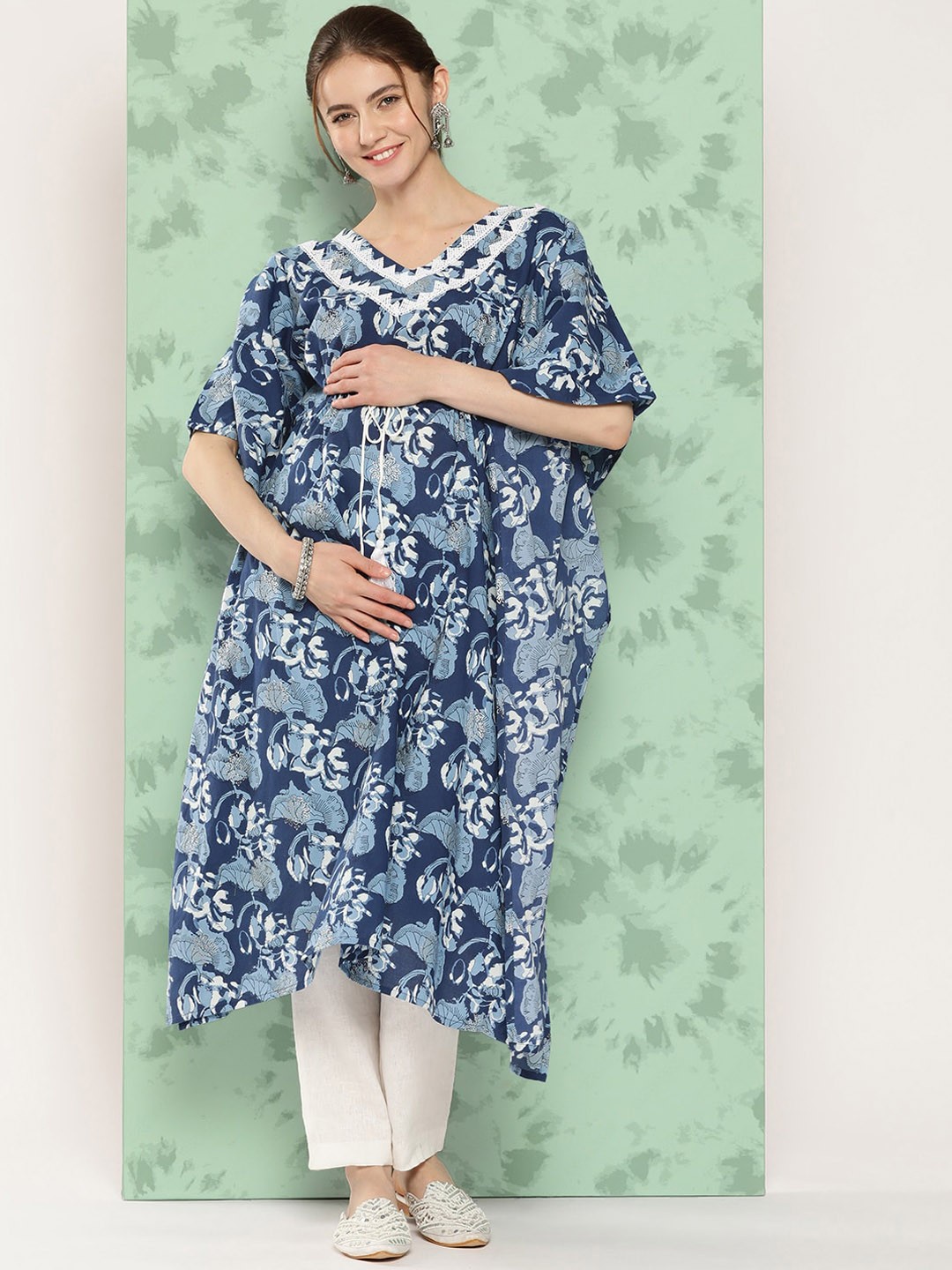 

KALINI Floral Printed V-Neck Flared Sleeves Gotta Patti Cotton Maternity Kaftan Kurta, Blue