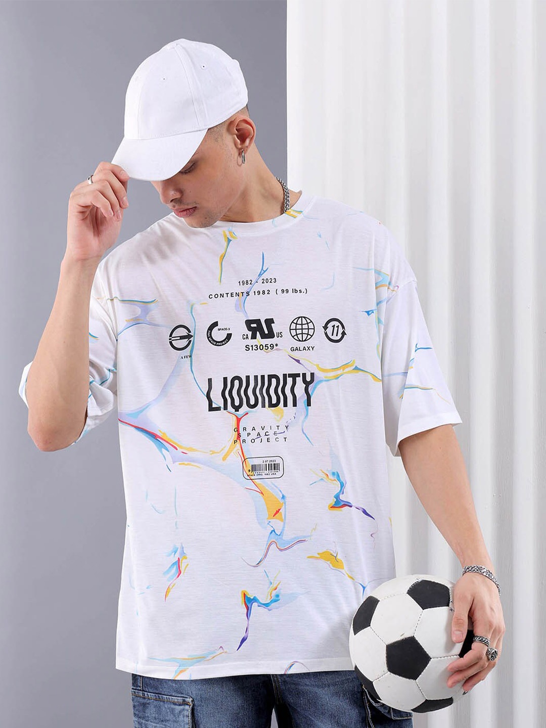 

The Indian Garage Co White Typography Printed Drop Shoulder Sleeves Oversized T-shirt