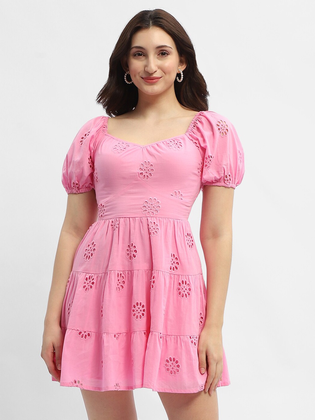 

Madame Floral Printed Puff Sleeve Sweetheart Neck Cotton Fit & Flare Dress, Pink