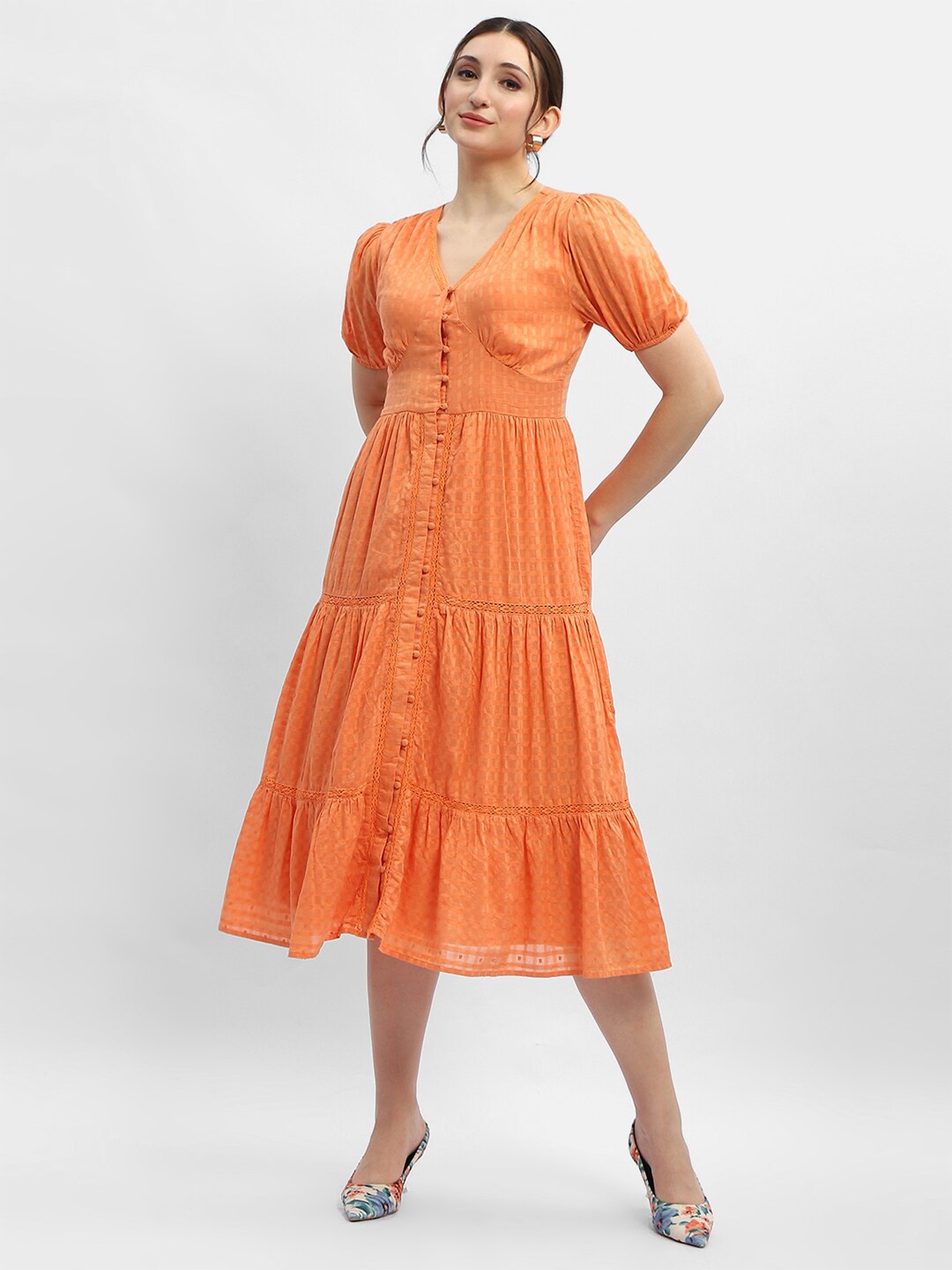 

Madame V-Neck Self Design Puff Sleeve Fit & Flare Midi Dress, Orange
